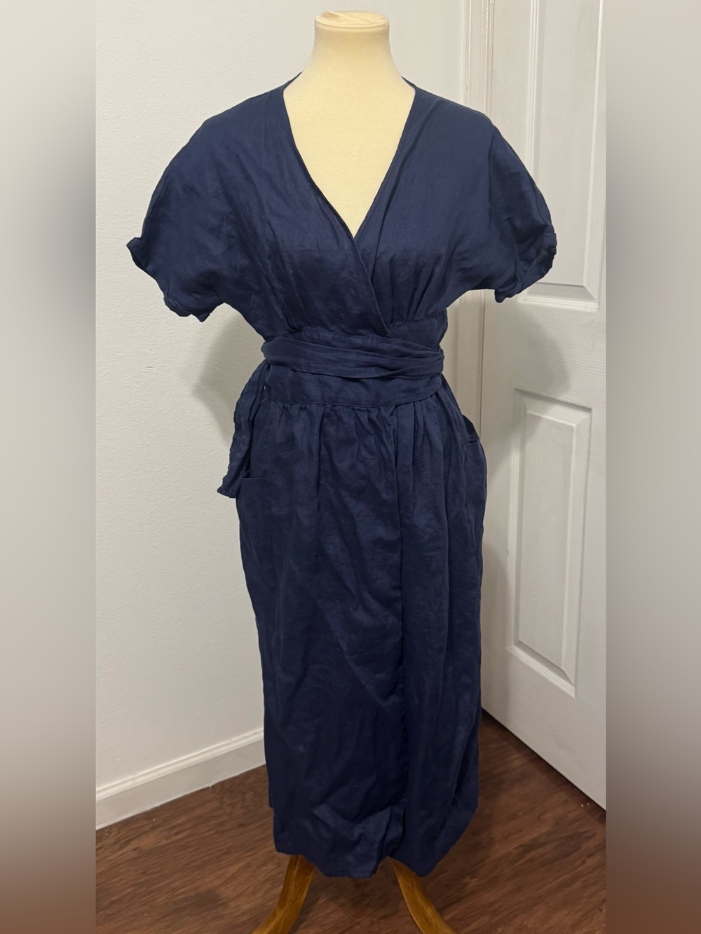 Lintico 100% Linen Navy Blue Wrap Midi Dress Kimono Sleeve Tie Waist Pockets Sm
